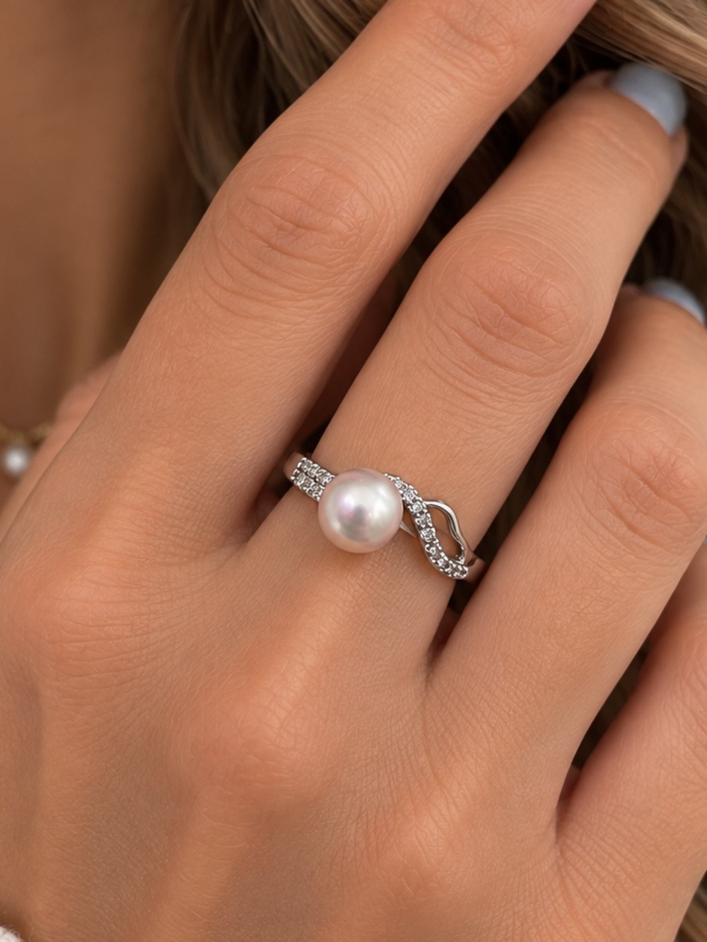 Freshwater Pink Pearl Ring 18K Plated with Silver Twisted CZ Pavé Band